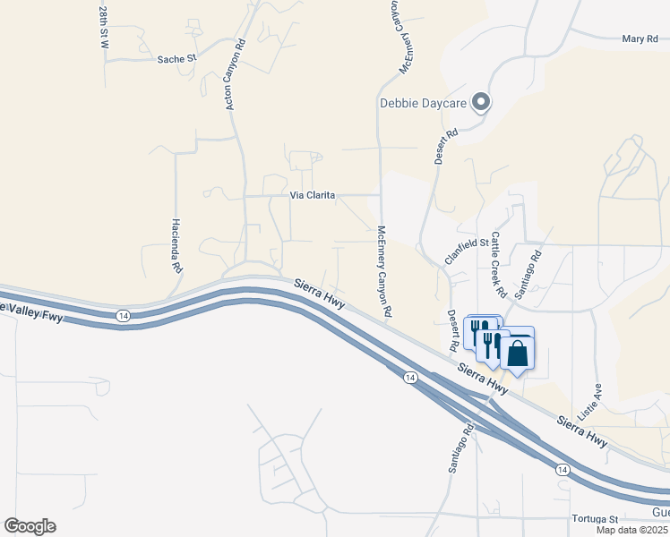 map of restaurants, bars, coffee shops, grocery stores, and more near 2501 Sierra Highway in Acton