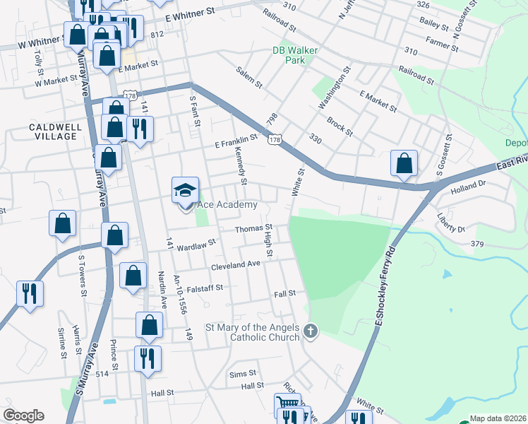 map of restaurants, bars, coffee shops, grocery stores, and more near 1204 Rear High Street in Anderson