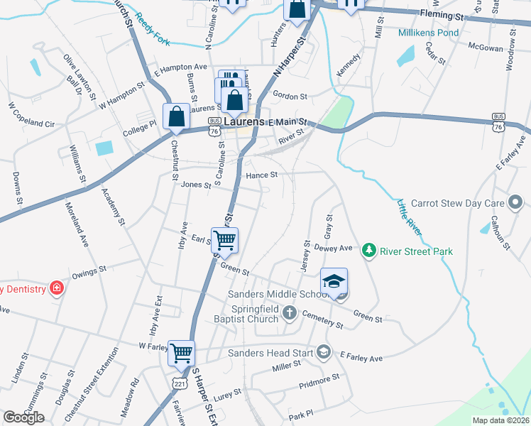 map of restaurants, bars, coffee shops, grocery stores, and more near 517 Sullivan Street in Laurens