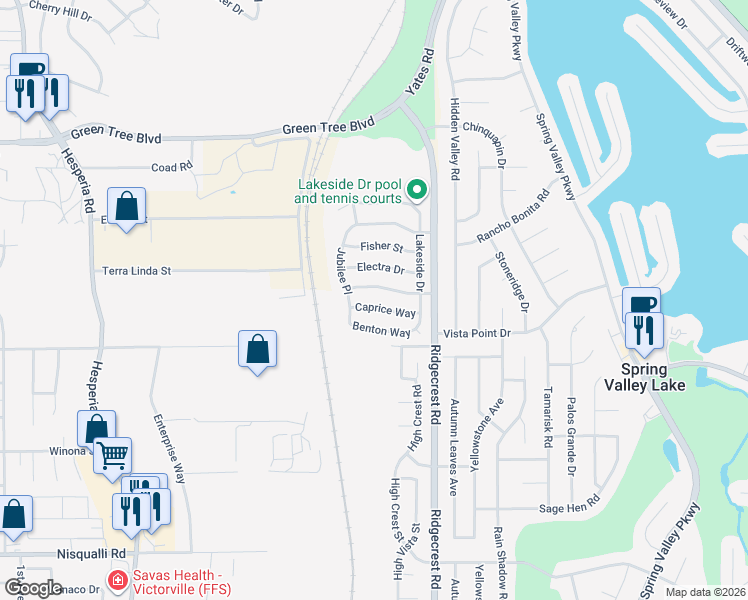 map of restaurants, bars, coffee shops, grocery stores, and more near 17584 Caprice Way in Victorville