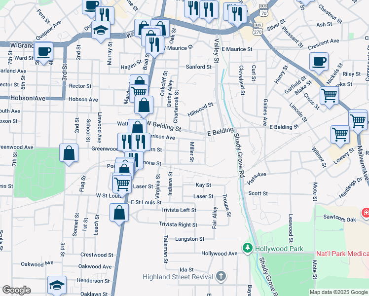 map of restaurants, bars, coffee shops, grocery stores, and more near 204 Cherokee Street in Hot Springs