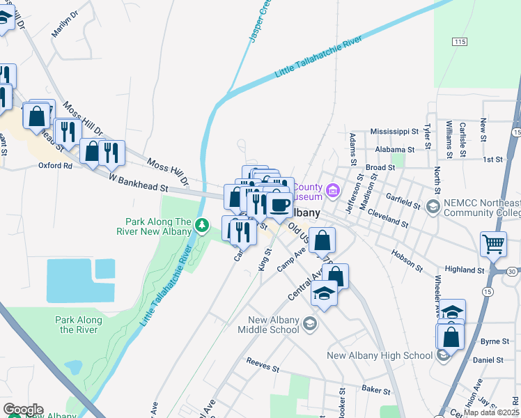 map of restaurants, bars, coffee shops, grocery stores, and more near 132 West Bankhead Street in New Albany