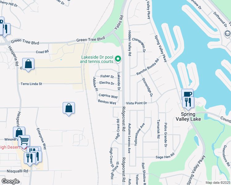 map of restaurants, bars, coffee shops, grocery stores, and more near 17657 Dayton Street in Victorville