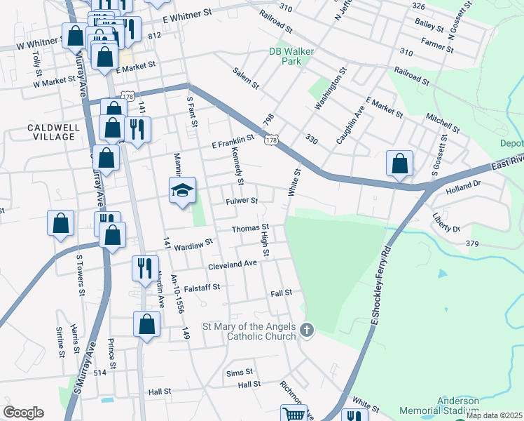 map of restaurants, bars, coffee shops, grocery stores, and more near 507 Thomas Street in Anderson