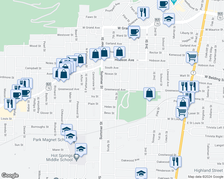 map of restaurants, bars, coffee shops, grocery stores, and more near 925 Greenwood Avenue in Hot Springs