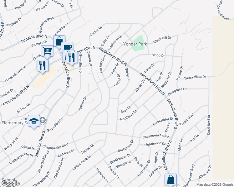 map of restaurants, bars, coffee shops, grocery stores, and more near 3722 Mission Way in Lake Havasu City