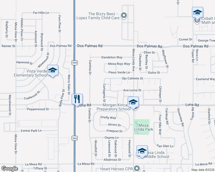 map of restaurants, bars, coffee shops, grocery stores, and more near 12315 Fabrica Street in Victorville