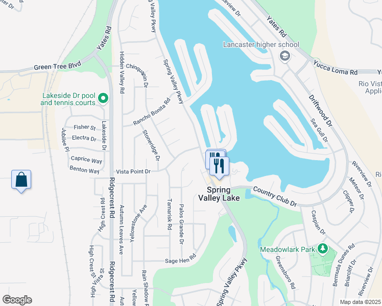 map of restaurants, bars, coffee shops, grocery stores, and more near 18005 Vista Point Drive in Victorville