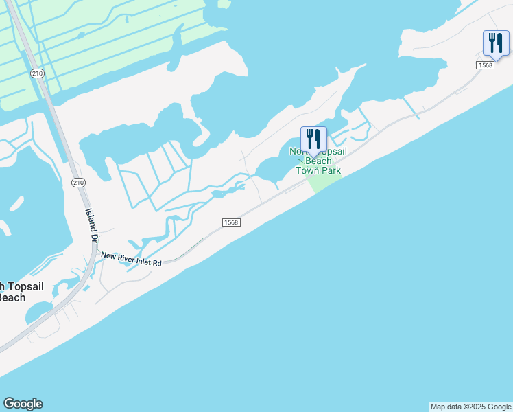 map of restaurants, bars, coffee shops, grocery stores, and more near 387 New River Inlet Road in North Topsail Beach