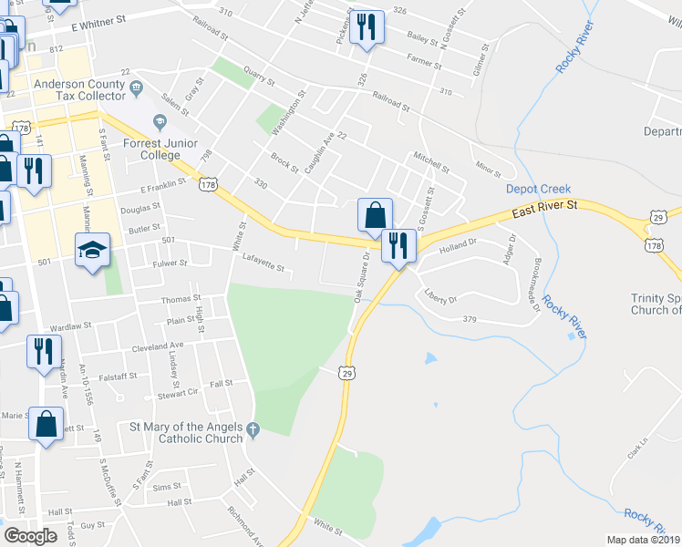 map of restaurants, bars, coffee shops, grocery stores, and more near 170 River Oak Drive in Anderson