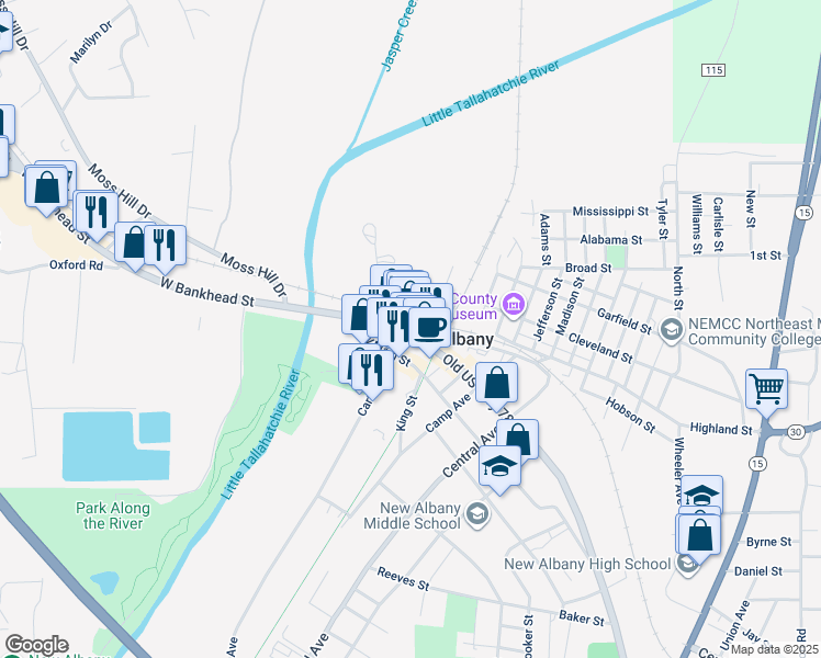 map of restaurants, bars, coffee shops, grocery stores, and more near 115 West Main Street in New Albany