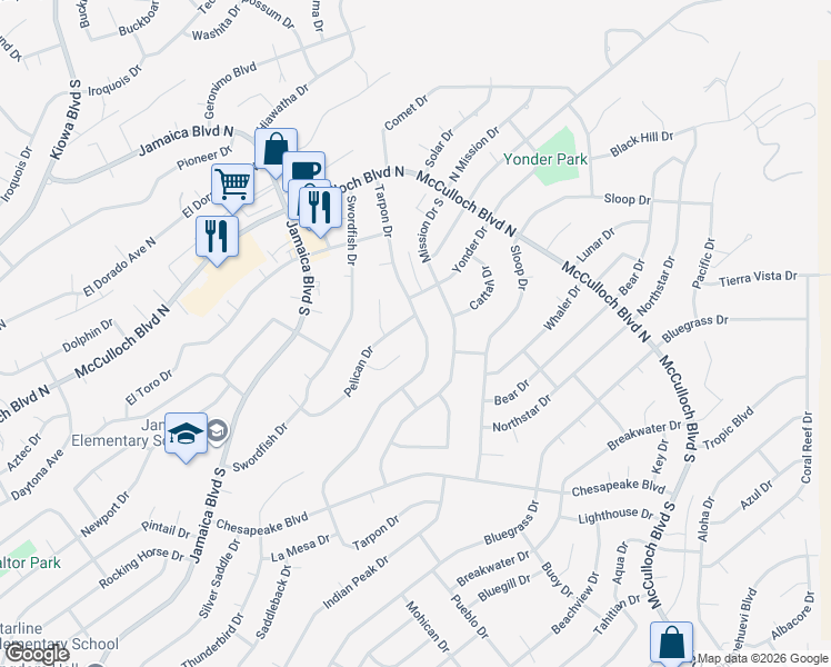 map of restaurants, bars, coffee shops, grocery stores, and more near 3628 Tarpon Drive in Lake Havasu City