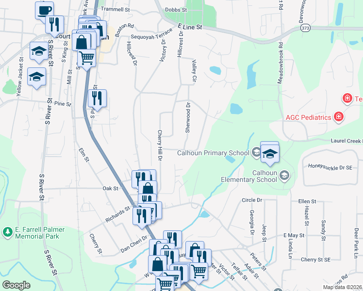 map of restaurants, bars, coffee shops, grocery stores, and more near 225 Woodland Drive in Calhoun