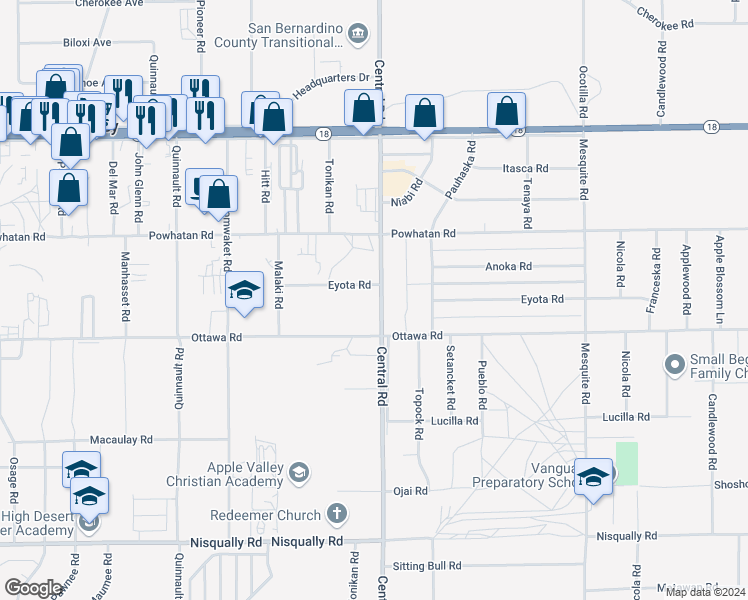 map of restaurants, bars, coffee shops, grocery stores, and more near Central Road in Apple Valley