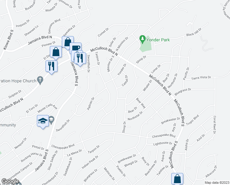 map of restaurants, bars, coffee shops, grocery stores, and more near 3711 Mission Drive South in Lake Havasu City
