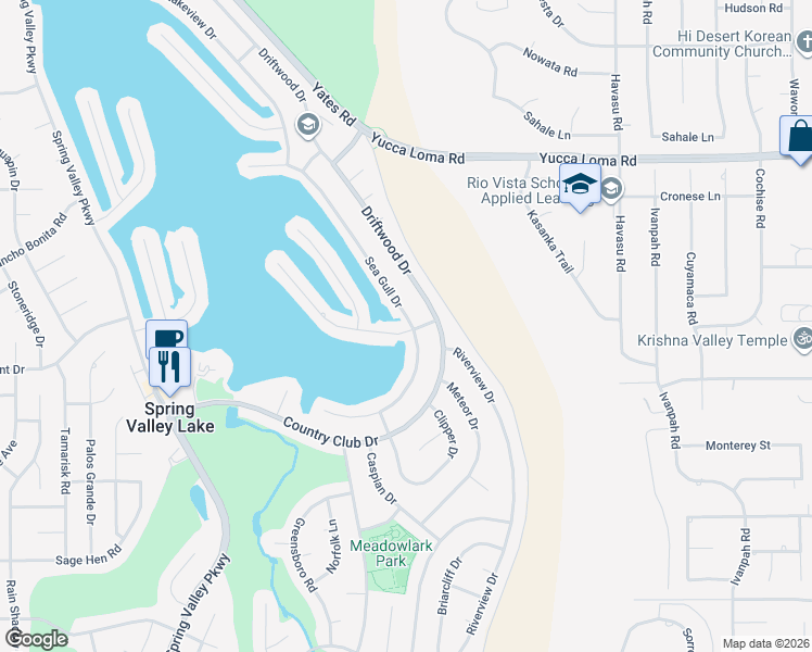 map of restaurants, bars, coffee shops, grocery stores, and more near 18515 Niagara Drive in Victorville