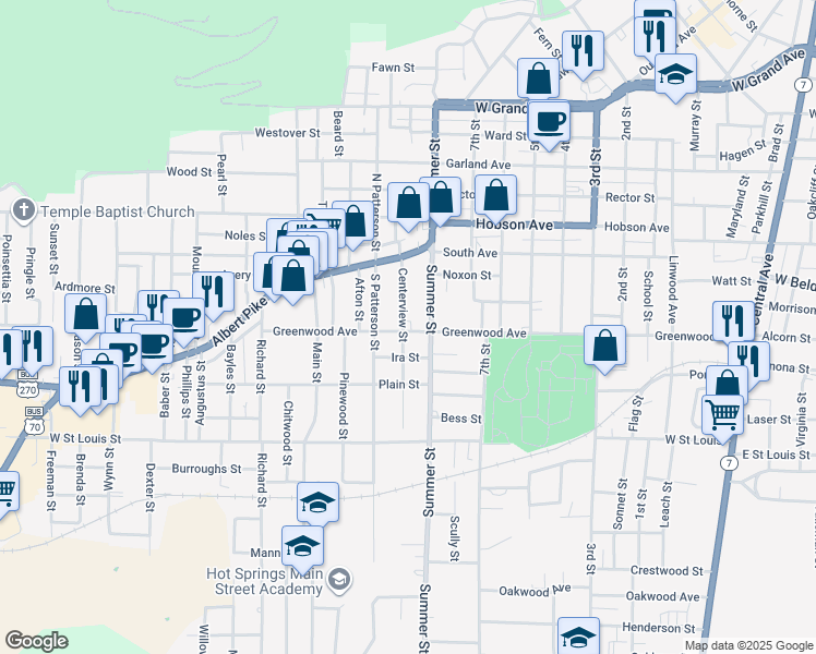 map of restaurants, bars, coffee shops, grocery stores, and more near 200 Ira Street in Hot Springs