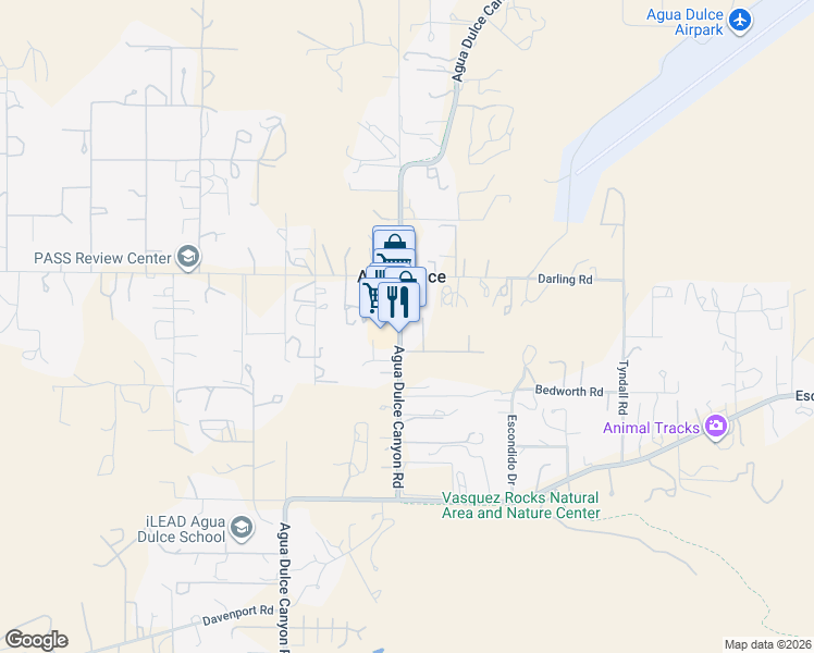 map of restaurants, bars, coffee shops, grocery stores, and more near 33302 Agua Dulce Canyon Road in Santa Clarita