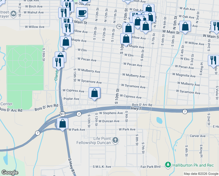 map of restaurants, bars, coffee shops, grocery stores, and more near 1013 West Cypress Avenue in Duncan