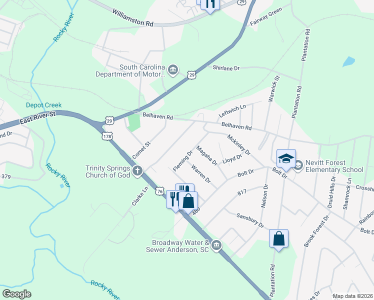 map of restaurants, bars, coffee shops, grocery stores, and more near 304 Fleming Drive in Anderson