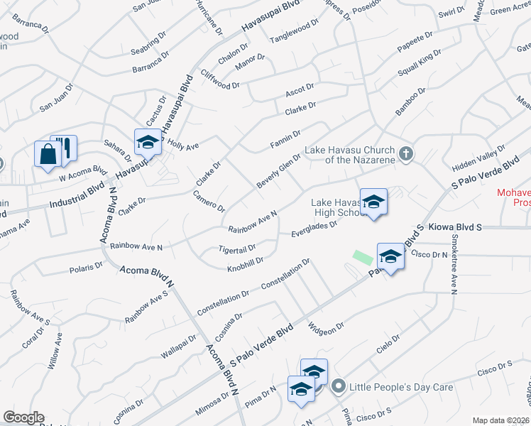 map of restaurants, bars, coffee shops, grocery stores, and more near 560 Wayside Plaza in Lake Havasu City