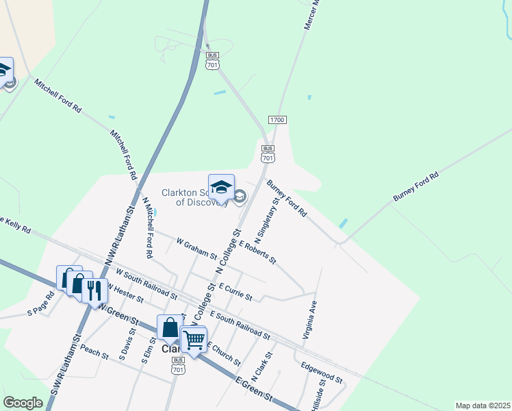 map of restaurants, bars, coffee shops, grocery stores, and more near 9935 North College Street in Clarkton