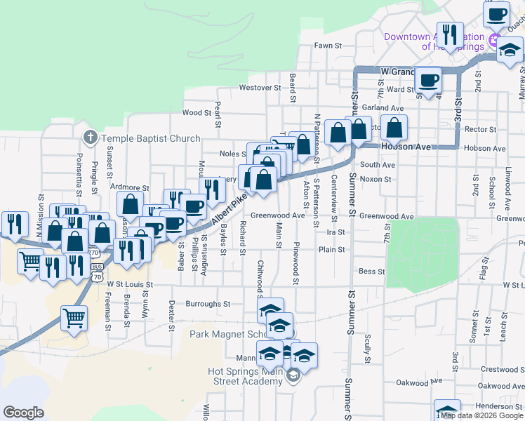 map of restaurants, bars, coffee shops, grocery stores, and more near 627 Albert Pike Road in Hot Springs
