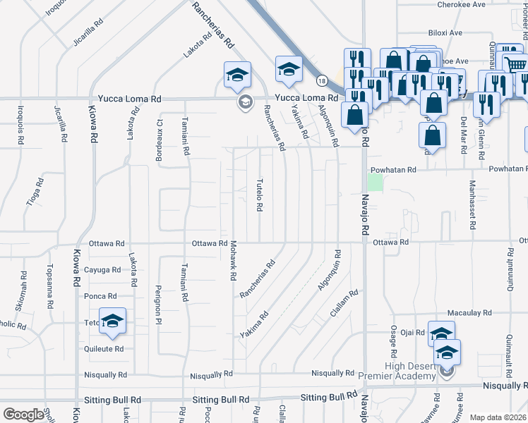 map of restaurants, bars, coffee shops, grocery stores, and more near 13417 Tutelo Road in Apple Valley
