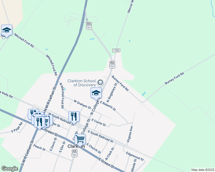 map of restaurants, bars, coffee shops, grocery stores, and more near 9935 North College Street in Clarkton