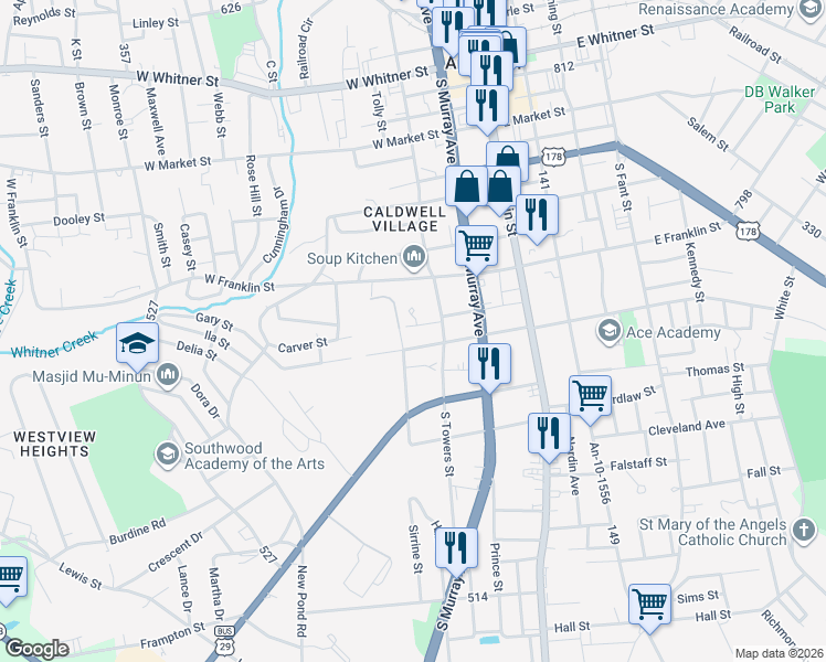 map of restaurants, bars, coffee shops, grocery stores, and more near 1000 South Towers Street in Anderson