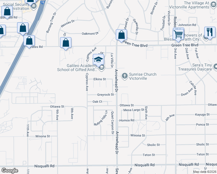 map of restaurants, bars, coffee shops, grocery stores, and more near 13437 Earl Way in Victorville