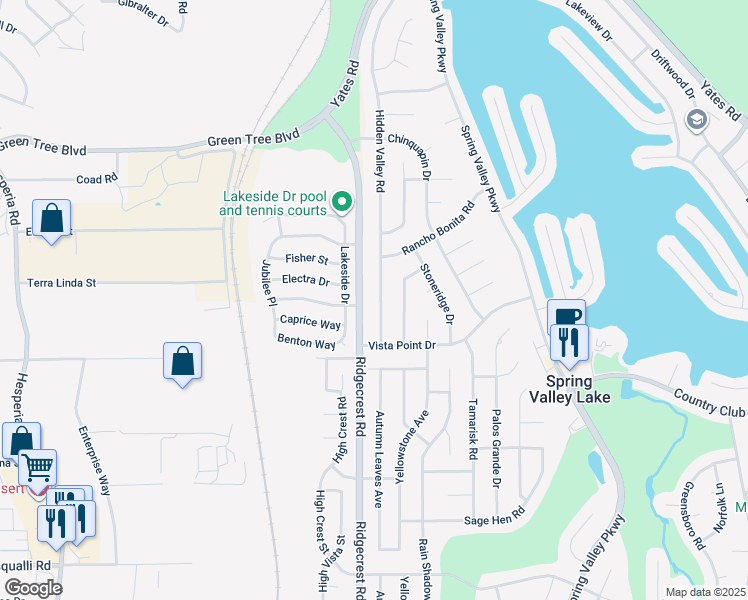map of restaurants, bars, coffee shops, grocery stores, and more near 13420 Hidden Valley Road in Victorville