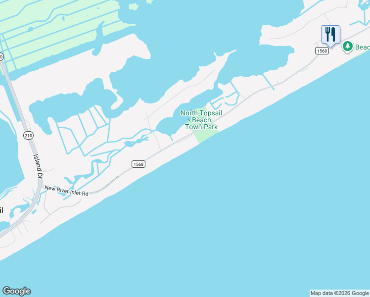 map of restaurants, bars, coffee shops, grocery stores, and more near 454 New River Inlet Road in North Topsail Beach