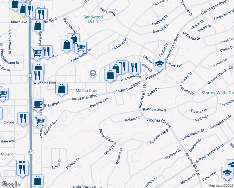 map of restaurants, bars, coffee shops, grocery stores, and more near 2061 Industrial Boulevard in Lake Havasu City
