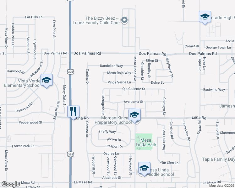 map of restaurants, bars, coffee shops, grocery stores, and more near 12398 Ojo Caliente Street in Victorville