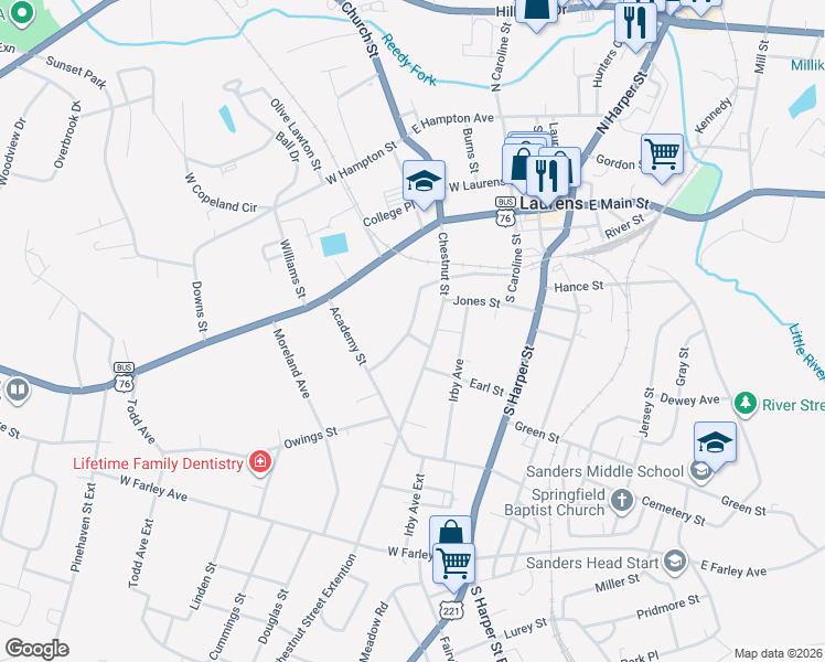 map of restaurants, bars, coffee shops, grocery stores, and more near 115 Maplebrook Street in Laurens