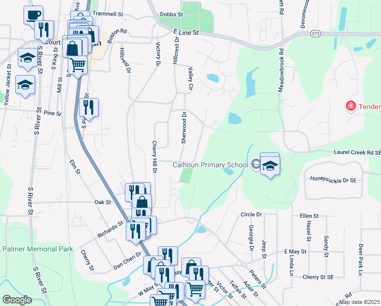 map of restaurants, bars, coffee shops, grocery stores, and more near 218 Woodland Drive in Calhoun