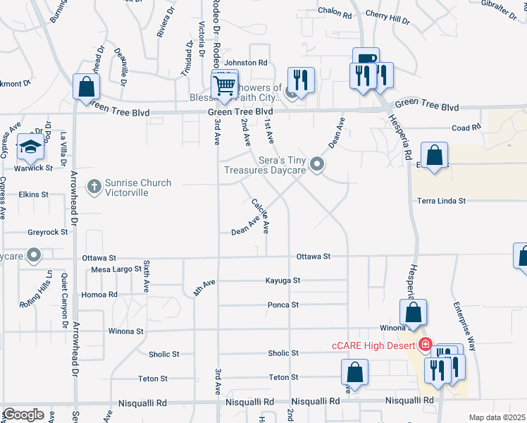 map of restaurants, bars, coffee shops, grocery stores, and more near 13357 Calcite Avenue in Victorville