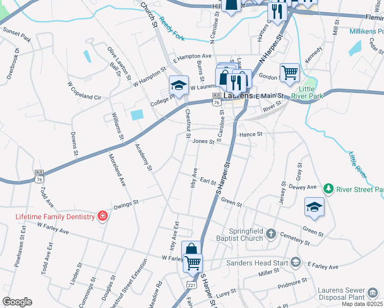 map of restaurants, bars, coffee shops, grocery stores, and more near 110 Irby Avenue in Laurens