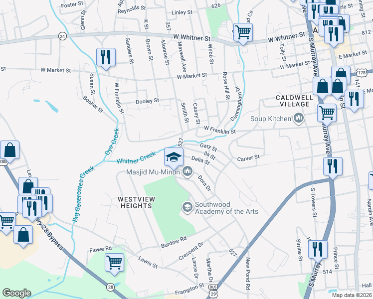 map of restaurants, bars, coffee shops, grocery stores, and more near 617 Owen Drive in Anderson
