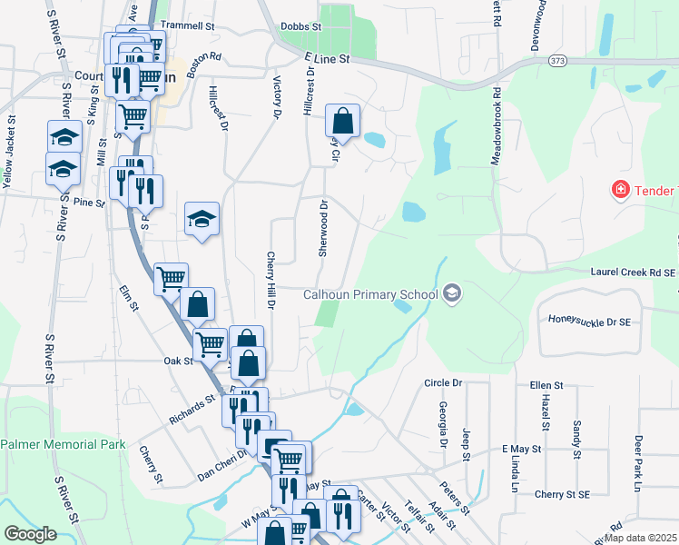 map of restaurants, bars, coffee shops, grocery stores, and more near 218 Woodland Drive in Calhoun