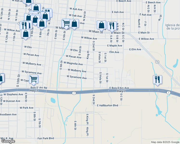 map of restaurants, bars, coffee shops, grocery stores, and more near 505 South King Place in Duncan