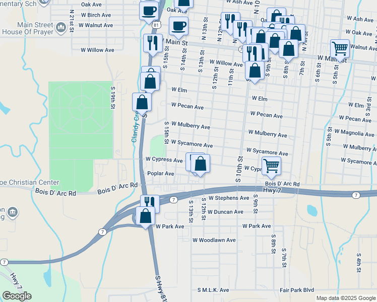 map of restaurants, bars, coffee shops, grocery stores, and more near 601 South 13th Street in Duncan