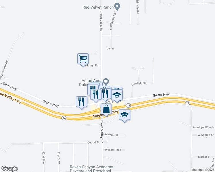 map of restaurants, bars, coffee shops, grocery stores, and more near 33792 Crown Valley Road in Acton