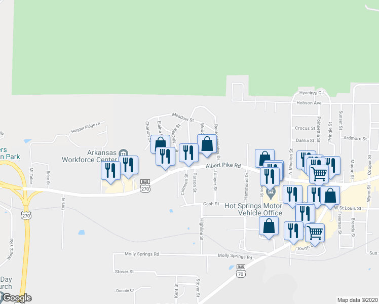 map of restaurants, bars, coffee shops, grocery stores, and more near 201 Patricia Street in Hot Springs