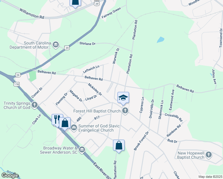 map of restaurants, bars, coffee shops, grocery stores, and more near 116 Gayland Drive in Anderson