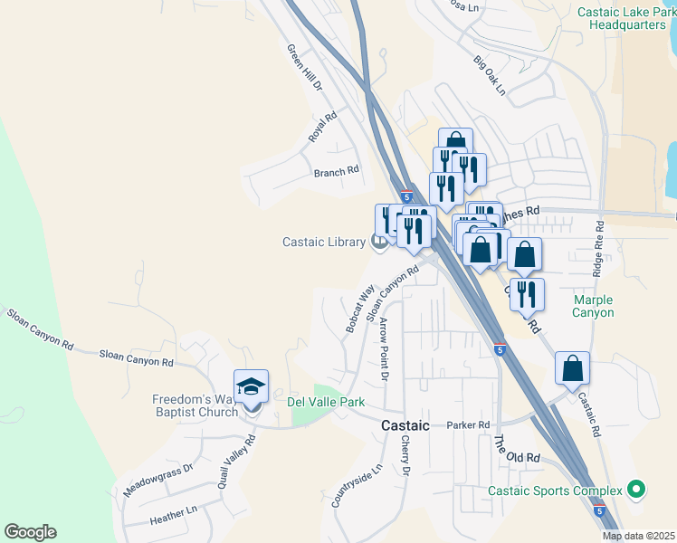 map of restaurants, bars, coffee shops, grocery stores, and more near 31679 Bobcat Way in Castaic