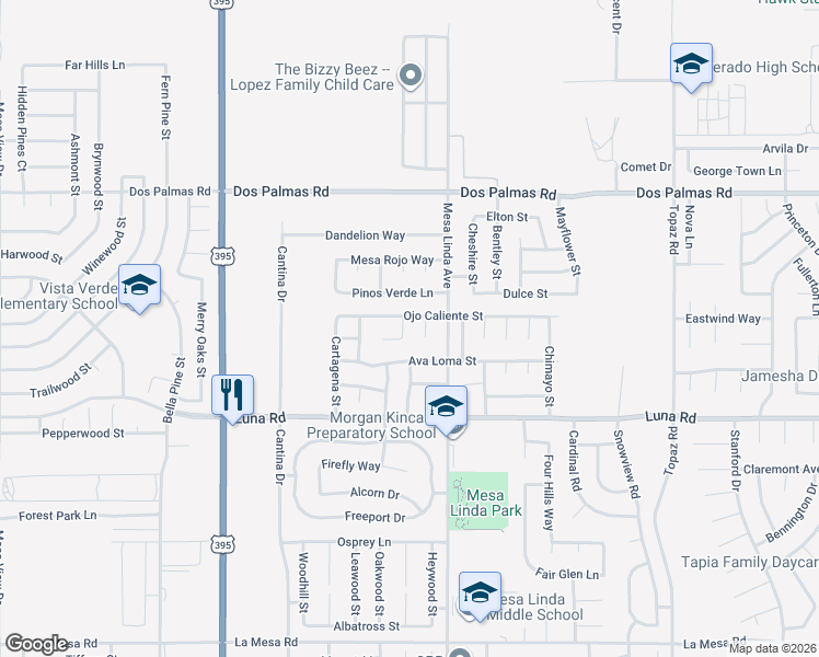 map of restaurants, bars, coffee shops, grocery stores, and more near 13461 Ganesta Court in Victorville