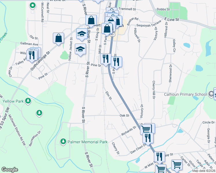 map of restaurants, bars, coffee shops, grocery stores, and more near 418 Elm Street in Calhoun