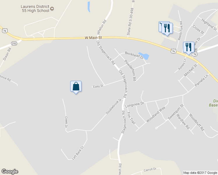 map of restaurants, bars, coffee shops, grocery stores, and more near 105 Wilderness Lane in Laurens
